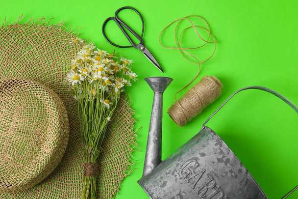 Skład z podlewania puszki, kapelusz i kwiaty rumianku na tle koloru - Zdjęcie, obraz