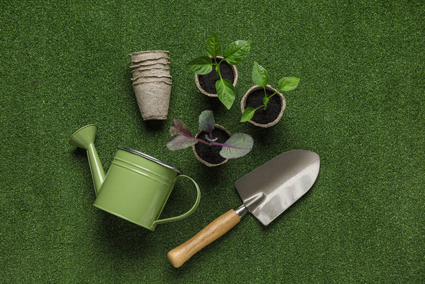Regadera, plántulas de plantas, macetas de turba y pala de jardinería sobre fondo de color - Foto, Imagen