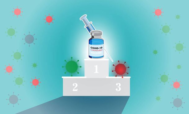 Coronavirus Vaccine Vector Background, Coronavirus COVID-19 Vaccination With Vaccine Bottle And Syringe Tool, Vector Illustration, No People, Concept Vaccine triumphs over virus - Vector, Image