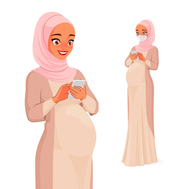 Terhes muszlim nő mobiltelefont használ. Vektorillusztráció. - Vektor, kép