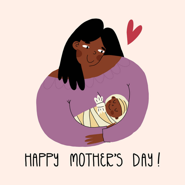 Szczęśliwego Dnia Matki projekt kartki okolicznościowej. Matka ostrożnie trzyma i przytula swoje maleństwo z miłością i czułym uśmiechem. - Wektor, obraz