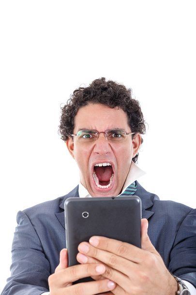 naštvaný off a unavený muž v obleku používá tablet pro práci nebo pro pri - Fotografie, Obrázek
