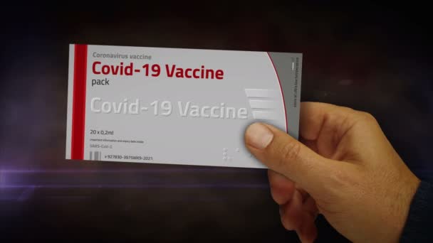 手にパックでcovidワクチン用量.コロナウイルスsars-cov-2ワクチンパック。アブストラクトコンセプト3Dレンダリングアニメーション. - 映像、動画