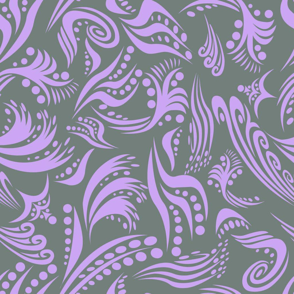 бесшовный абстрактный рисунок в виде абстрактных светло-фиолетовых перьев на сером фоне для отпечатков на тканях, упаковке, керамике, а также для внутренней отделки - Вектор,изображение