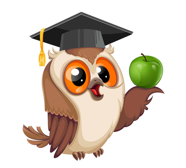 緑のリンゴを保持卒業キャップでフクロウ。学校に戻る。賢いフクロウの漫画のキャラクター。ストックベクトルイラスト - ベクター画像