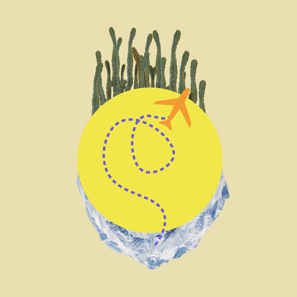 Moderní koláž konceptuálního umění. Velký žlutý kruh symbolizující Zemi s kaktusem na jedné straně a zasněženými horami na druhé straně - Fotografie, Obrázek