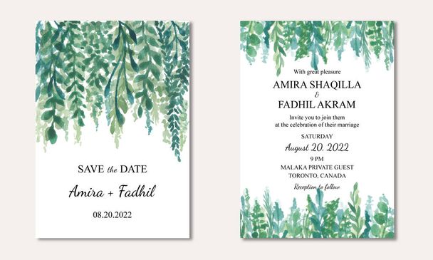 Minimalistyczna Karta Zaproszenia Ślubnego z Akwarelą Liście Tło - Wektor, obraz