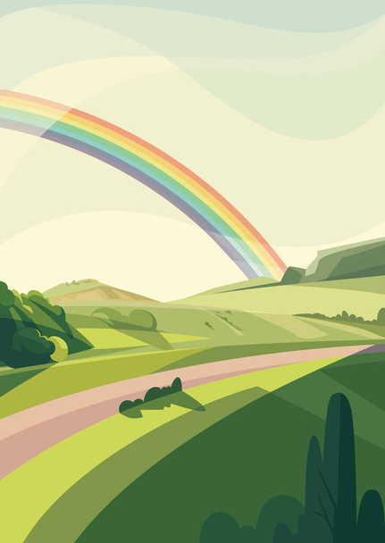 Paesaggio con colline e arcobaleno. - Vettoriali, immagini