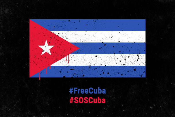 SOS Cuba, Free Cuba, drawn cuban flag and hashtags on a black textured background. Protests in Cuba against the government fighting for freedom and democracy - Photo, Image