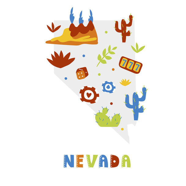 USA map collection. State symbols on gray state silhouette - Nevada - Vector, imagen