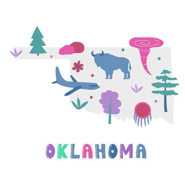 USA map collection. State symbols on gray state silhouette - Oklahoma - Vector, imagen