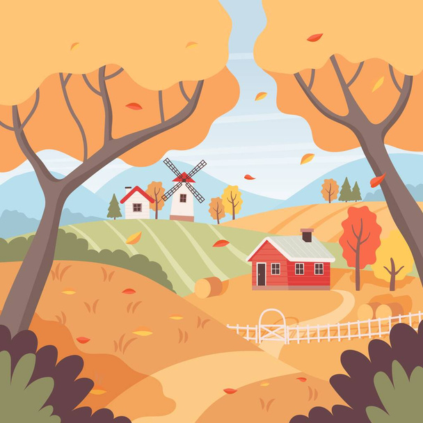 Syksyllä maaseudulla puita, peltoja, taloja ja tuulimylly. Maaseutumaisema. Vektorin kuvitus litteään tyyliin - Vektori, kuva