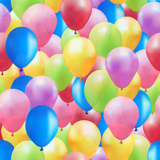   Des ballons colorés volent dans les airs. Félicitations pour les vacances. Fêtes d'anniversaire. Événement amusant pour un enfant. Ballons rouges, bleus, jaunes, roses et violets avec hélium. Fond sans couture - Vecteur, image