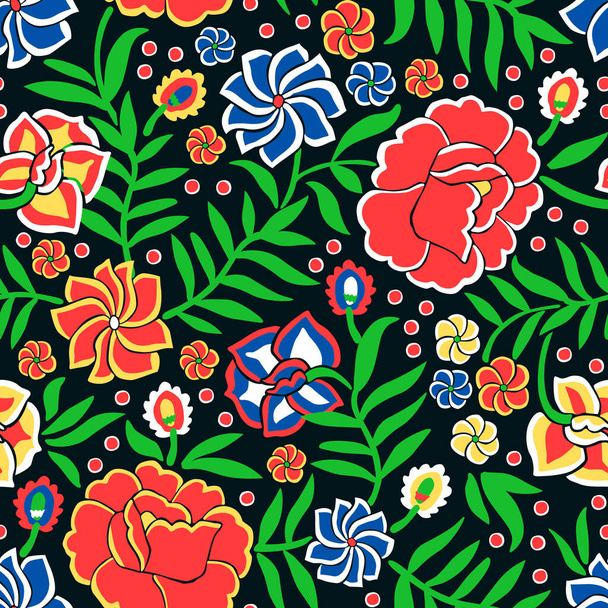 Seamless pattern with floral ornament in the style of Mexican otomi embroidery. - ベクター画像