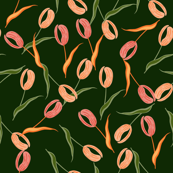 Doodle seamless pattern with pink random tulip shapes print. Dark green background. Vintage style. Graphic design for wrapping paper and fabric textures. Vector Illustration. - Вектор, зображення