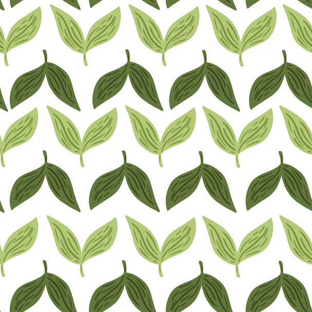 Simple style seamless pattern with minimalistic green leaves ornament. White background. Isolated print. Vector illustration for seasonal textile prints, fabric, banners, backdrops and wallpapers. - Vektör, Görsel