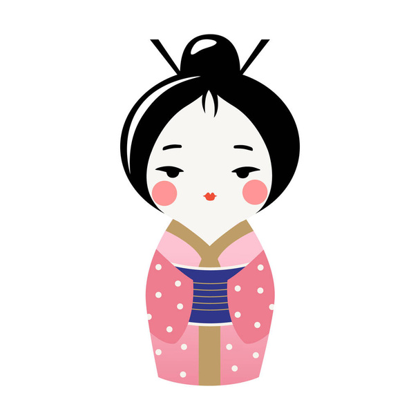 Cute Kokeshi doll in kimono. Traditional japanese souvenir. Vector kawaii kimono girl. - Vector, Image