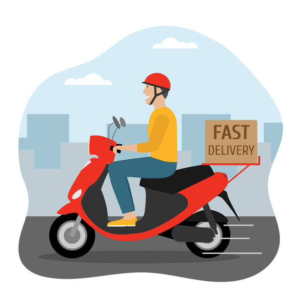 Servicio de entrega. Hombre montando moto con una caja en la ciudad. Entrega rápida. Concepto de comercio electrónico. Envío - Vector, Imagen