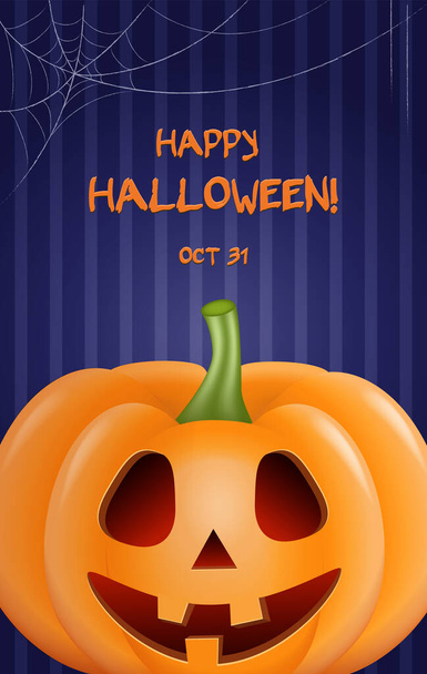 Halloween-Karte mit lächelndem, glücklichem Kürbis auf dem blauen Wandhintergrund. Vektorillustration - Vektor, Bild