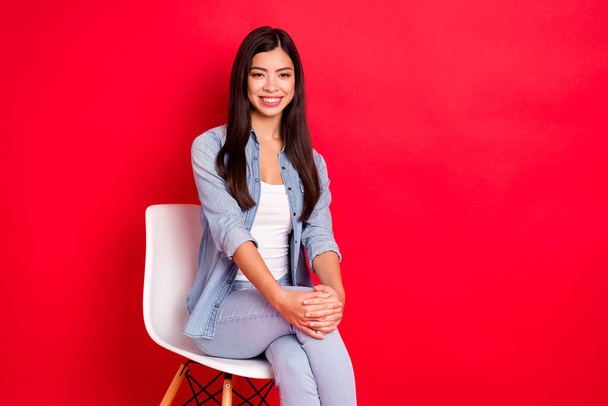 Portrait of attractive glad content cheerful girl sitting in chair posing copy space isolated over bright red color background - Фото, изображение