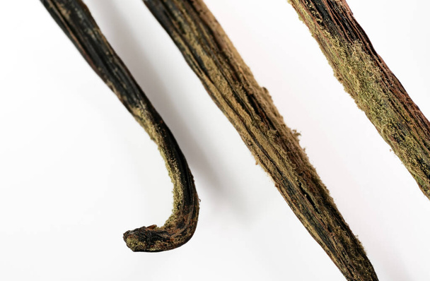 White / yellow mould or mildew growing on vanilla sticks stored improperly in wet and cold fridge - close up detail photo isolated on white background - Valokuva, kuva