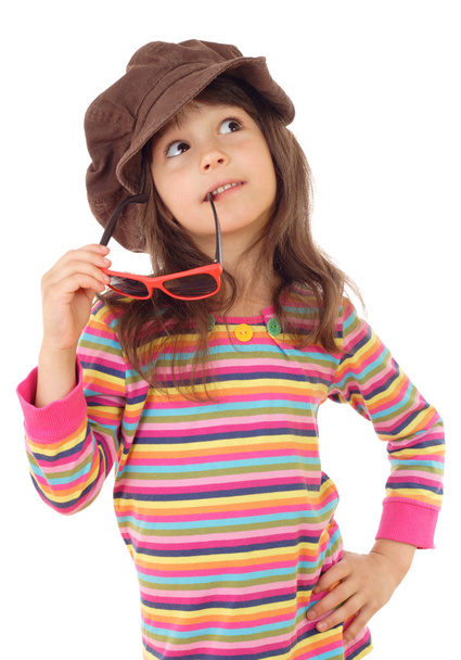 Little girl in big brown hat and with sunglasses, isolated on white - Foto, immagini