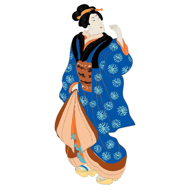 Γυναίκα ομορφιά Ukiyo-e, γιαπωνέζα γκέισα σε εικονογράφηση διάνυσμα κιμονό. Ιαπωνική τέχνη της Ασιάτισσας, χαριτωμένη γυναικεία μόδα. Ιαπωνικό φόρεμα στυλ της περιόδου edo. - Διάνυσμα, εικόνα