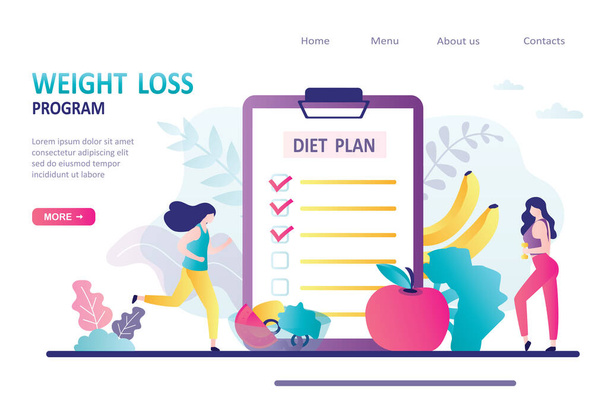 Concept of weight loss program, low-carb diet, healthy meal food. Women go in for sports and eat healthy food. Female characters does fitness. Landing page or website template.Flat vector illustration - Vector, Image
