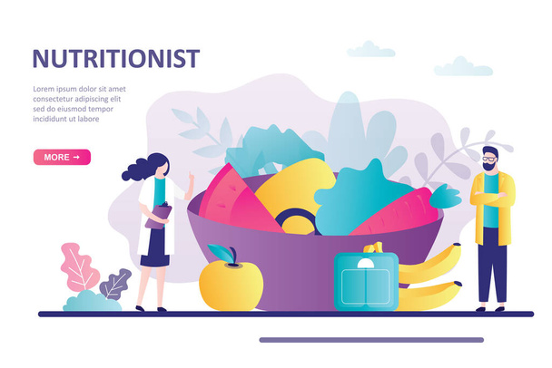 Diet plan with healthy food and physical activity. Concept of calorie control, individual dietary service. Man and woman nutritionist profession. Landing page or website template. Vector illustration - Vector, Image