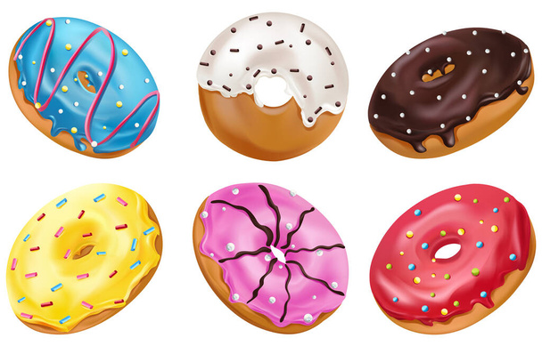 Kleurrijke donuts met roze, chocolade, blauw, geel en wit glazuur en hagelslag. Zoete donuts op witte achtergrond. Realistisch icoon. Vectorillustratie - Vector, afbeelding
