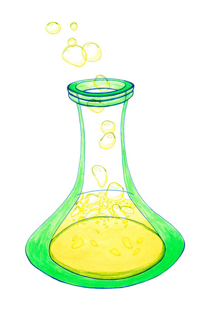 Ein transparentes alchemistisches Gefäß, gefüllt mit einer blubbernden goldenen Flüssigkeit. Es kann ein Zaubertrank oder eine chemische Lösung sein. Ein anmutiger Flachmann ist eine eigene Kunstform, ein Eliteglas für besondere Anlässe - Foto, Bild
