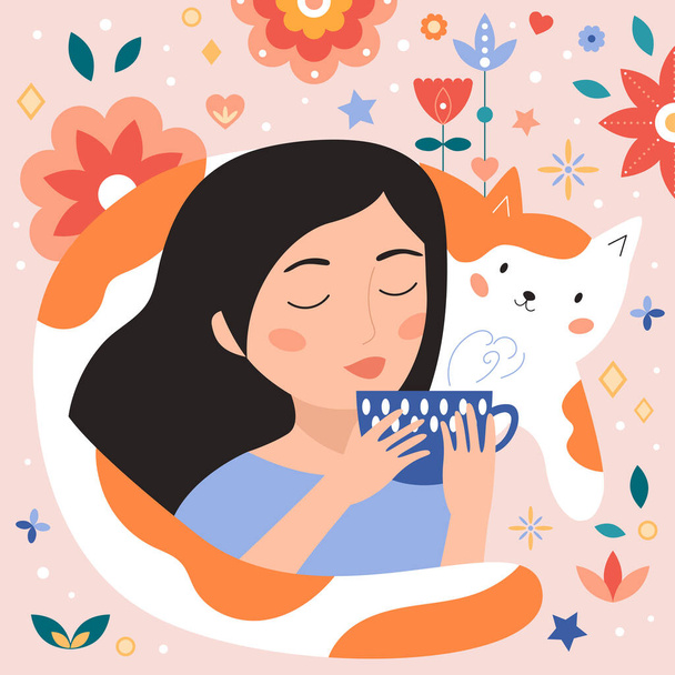 女はお茶を飲む。かわいい漫画猫。抽象的な花。カワイイキャラクター。ベクトルドアイラスト。ティータイム. - ベクター画像