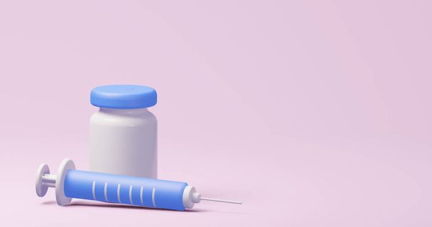 Vakcína mockup láhev s virem onemocnění pro zobrazení produktu. 3D vykreslování. Pro webové stránky, s kopírovacím prostorem. - Fotografie, Obrázek