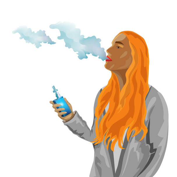 Die Frau raucht eine elektronische Zigarette und setzt eine Rauchwolke frei. Werbegrafik - Vektor, Bild