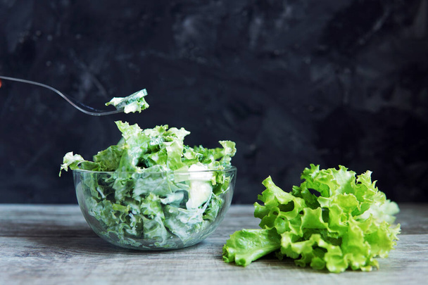 salad of lettuce leaves and cucumbers on a dark background on the table healthy food                                - Foto, immagini
