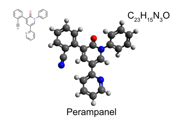 Fórmula química, fórmula esquelética y modelo 3D de perampanel antiepiléptico para medicamentos, fondo blanco - Foto, imagen