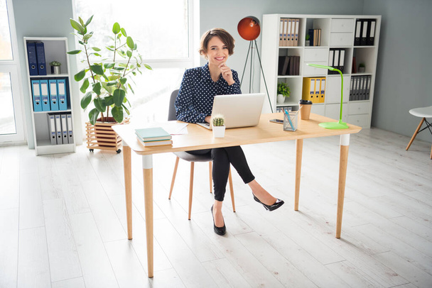 Portrait of attractive cheerful girl hr expert director sitting in chair preparing report it project at light work place station indoors - Foto, Bild