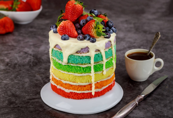 Tasty summer cake with fresh berries and cup of coffee. - Photo, Image