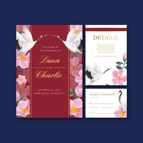 Шаблон свадебной открытки с изображением птицы и китайского цветка, стиль акварели - Вектор,изображение