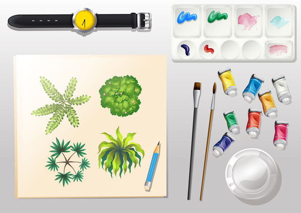 A topview of the materials for painting and a watch - Vector, Image