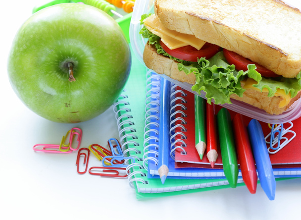 Sandwich with cheese and tomato and green apple for a healthy school lunch - Photo, Image