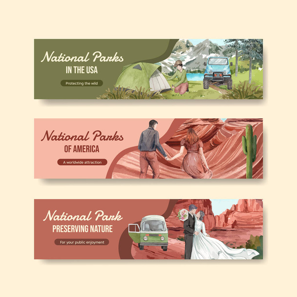 Plantilla de la bandera con los parques nacionales del concepto de los Estados Unidos, estilo acuarela - Vector, Imagen