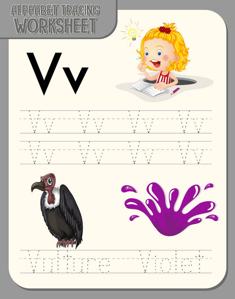 Alfabet tracing werkblad met letter V en v illustratie - Vector, afbeelding