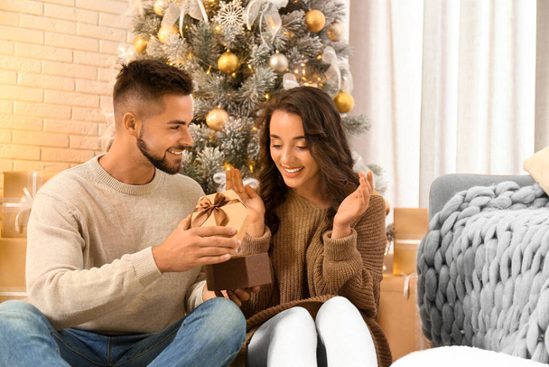 Young man presenting Christmas gift to his girlfriend at home - Photo, image
