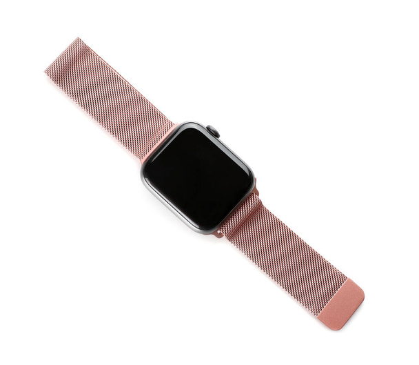 Modern stylish smart watch isolated on white, top view - Foto, Bild