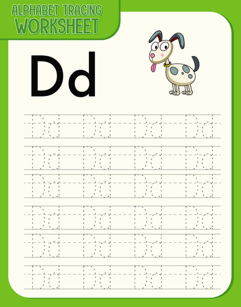 Alphabet tracing worksheet with letter D and d illustration - Vector, Image