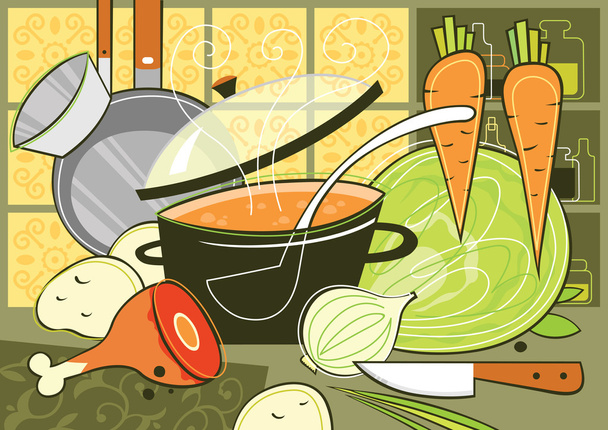 kuchnia w wnętrza domu kuchnia. Martwa natura z warzyw i garnek zupy. Ilustracja wektorowa. - Wektor, obraz
