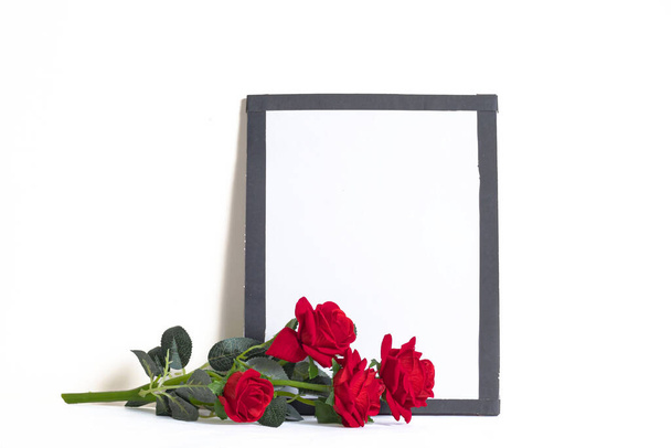 A group of vibrant red roses beside a blank image with copy space on it on a plain white background - Fotoğraf, Görsel