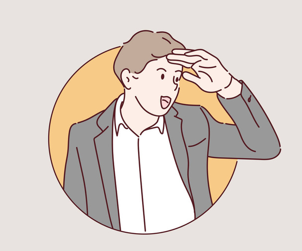 Young businessman wearing business jacket very happy and smiling looking far away with hand over head. Searching concept. Hand drawn in thin line style, vector illustrations. - Vektör, Görsel