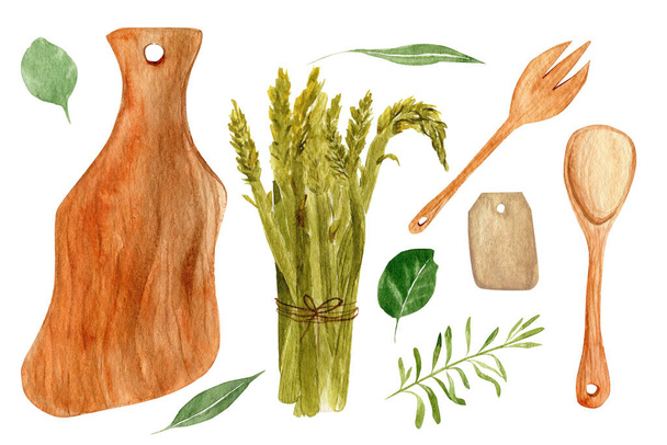 Collection of watercolor illustrations of eco kitchen tools.  - Фото, зображення